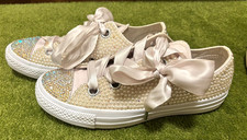 Pearl  Gold Glitter Toes Bedazzled Wedding Converse All Star, SZ 8 RUN LARGE 
