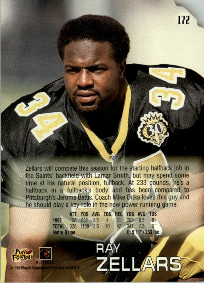 1998 Absolute Retail Green #172 Ray Zellars - FB - Image 2 of 2