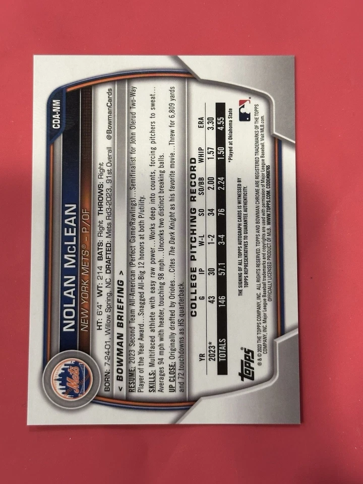 2023 Bowman Chrome 1st Bowman Autograph Nolan McLean New York Mets RC - Image 2 of 2