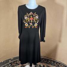 LOFT Black Floral Embroidered Fit & Flare Dress | Long Sleeve | Puffed Shoulder