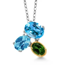 925 Silver and 10K Yellow Gold Swiss Blue Topaz and Green Chrome Diopside