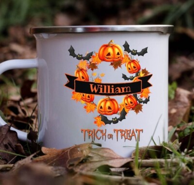 Personalisierte Halloween Trick or Treat Kürbis Emaille Metall Tasse Geschenk 