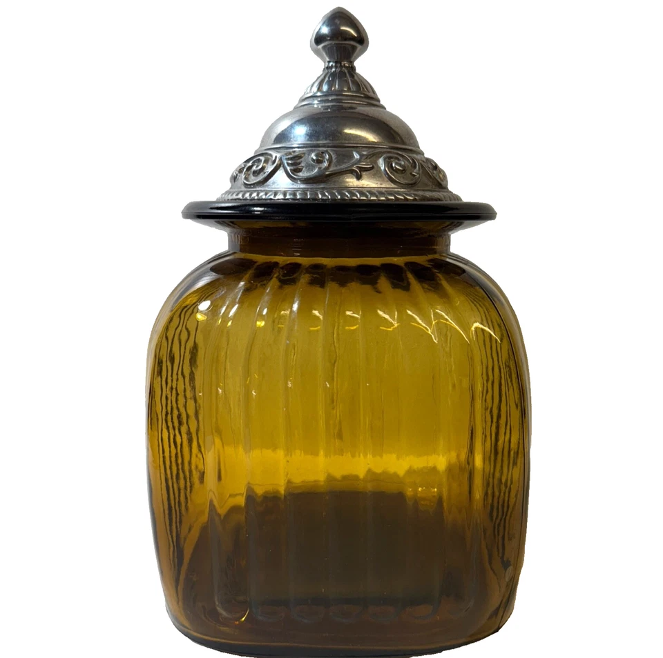 "Tarro de vidrio Artland vintage ámbar acanalado boticario bote tapa de peltre mediano 10""" Foto 2 de 4