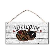 5x10" Welcome Sign Whimsical Cat Rustic Decor Housewarming Gift