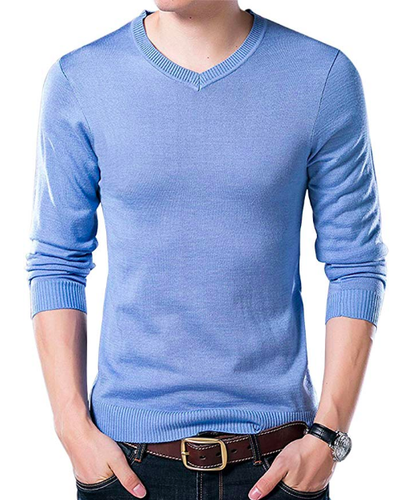 Yeokou Men's V Neck Pullover Blue 
