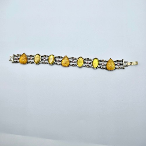 Bracciale Vintage Estate Vetro Strass Tono Ambra Foglia Irredescente Cabochon - Foto 8 di 8