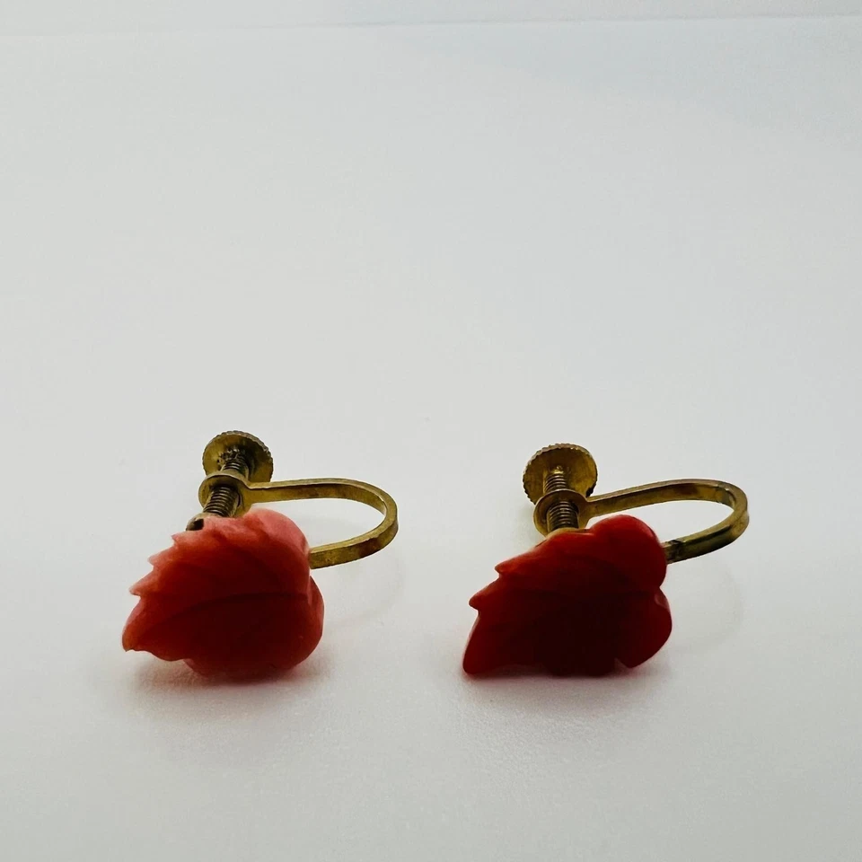 Vintage Art Deco Coral Earrings Korallen Ohrringe Blatt Handgeschnitzt 1920s - Bild 2 von 4