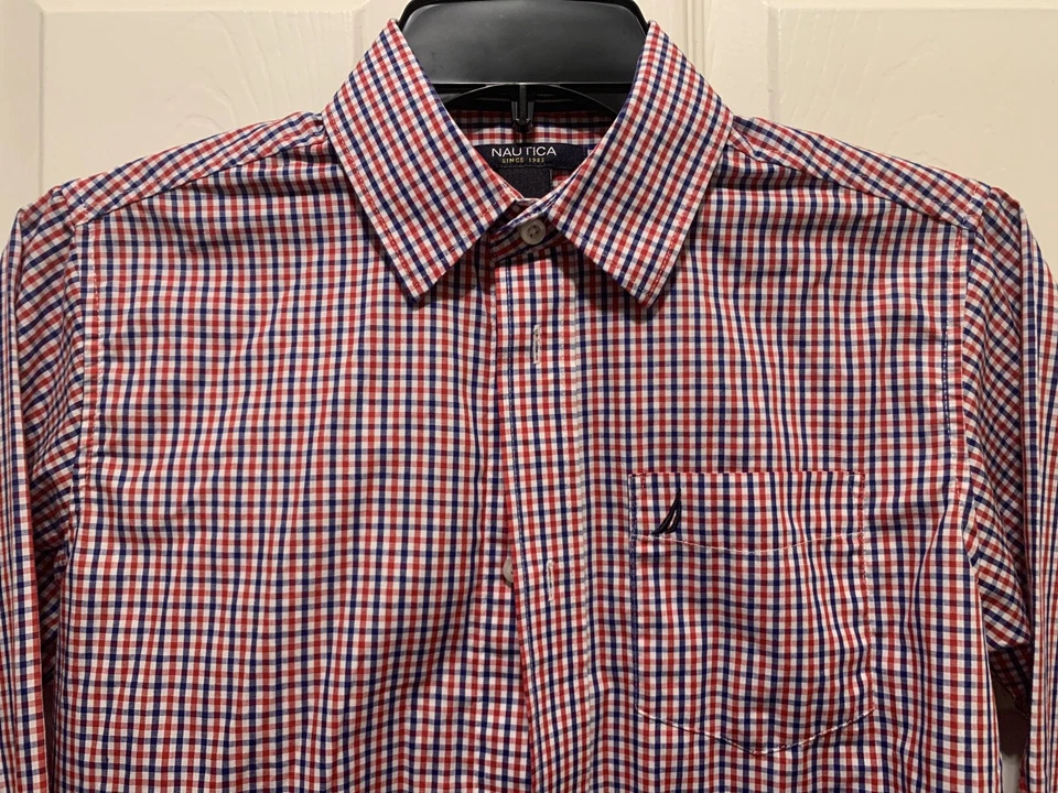 Usado en Excelente Condición Nautica Niño Talla 12 Rojo Azul Y Blanco Cuadros LS Camisa Mezcla Algodón Foto 2 de 4