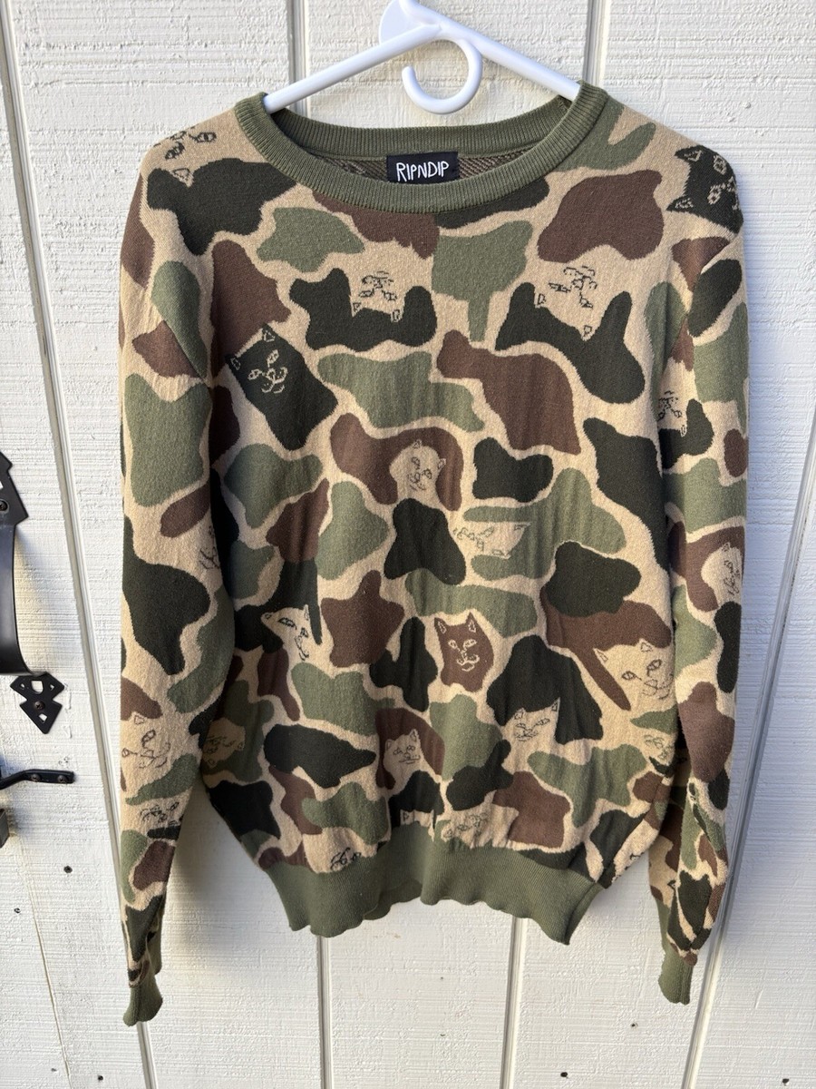RipNdip Sweater Men M Camo Cat Long Sleeve Crew Neck Animal Print