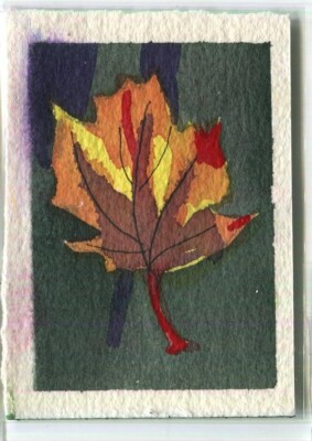 Aceo Leaf Autumn Foliage Folk Art Primitive Naive Cathy Ehrler Painting Art B