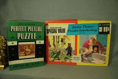 lot 3 vintage old puzzles Bears cubs skunk salmon Battle Royal  boy puppy dog  - Picture 1 of 6