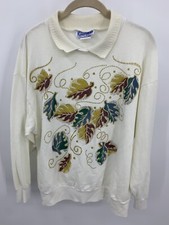 Vintage 80s 90s Karen Blake Collared Sweatshirt USA Made Leaf Print Granny Core