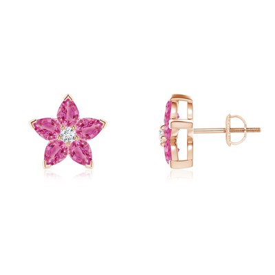 ANGARA 1.77 Ct V-Pink Sapphire & Diamond Flower Stud Earrings in 14K Gold