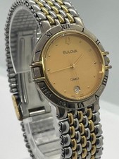 Bulova Mens Quartz Watch Two Tone Gold Dial Date Roman Numeral Bezel Bracelet