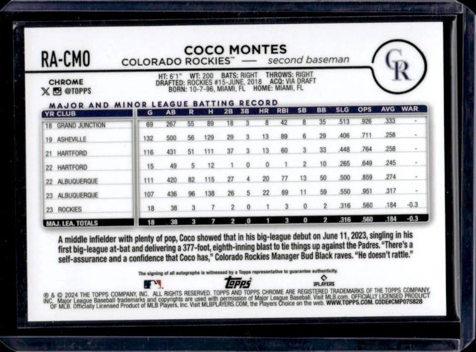 2024 Topps Chrome Coco Montes Rookie Auto RC Orange Refractor #8/25 Rockies - Image 2 of 2