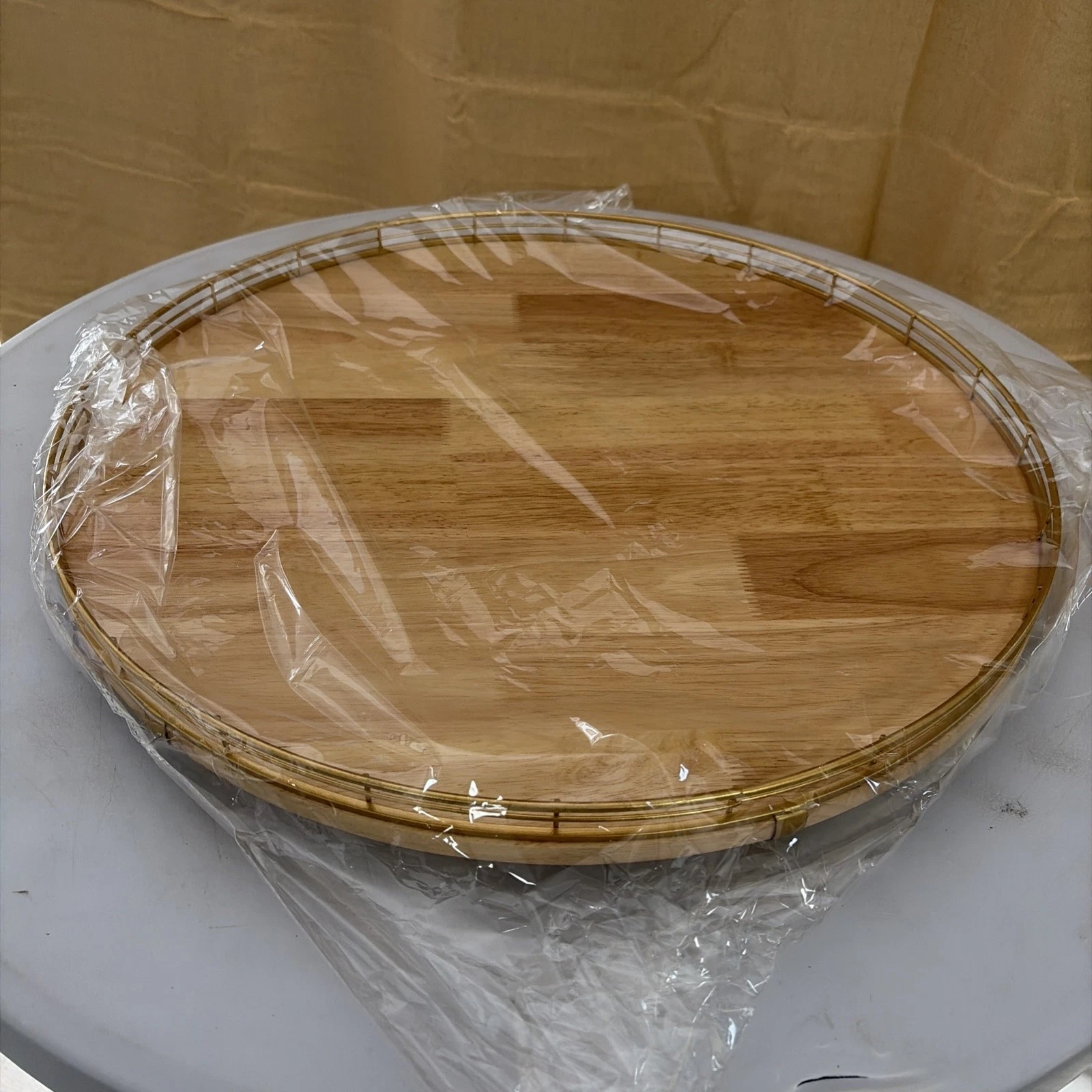 21" Round Oak Lazy Susan for Dining Table & Kitchen Organization gold rim