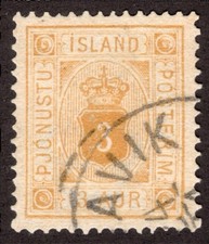 ICELAND 1882, SC-O4, VF U P-14x13.5 3aur Official scv $60.00  *Bay Stamps*