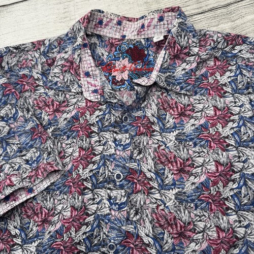 Robert Graham Blue Pink Floral Short Sleeve Button Down Shirt Men's Size L