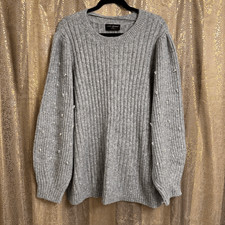 Lane Bryant Light Gray Ribbed Pearl Embellished-Sleeve Sweater 26/28 4X NWT