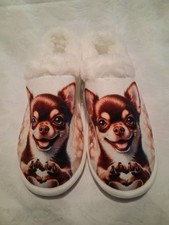 Women's Chihuahua Dog Slippers White Brown US 9-10