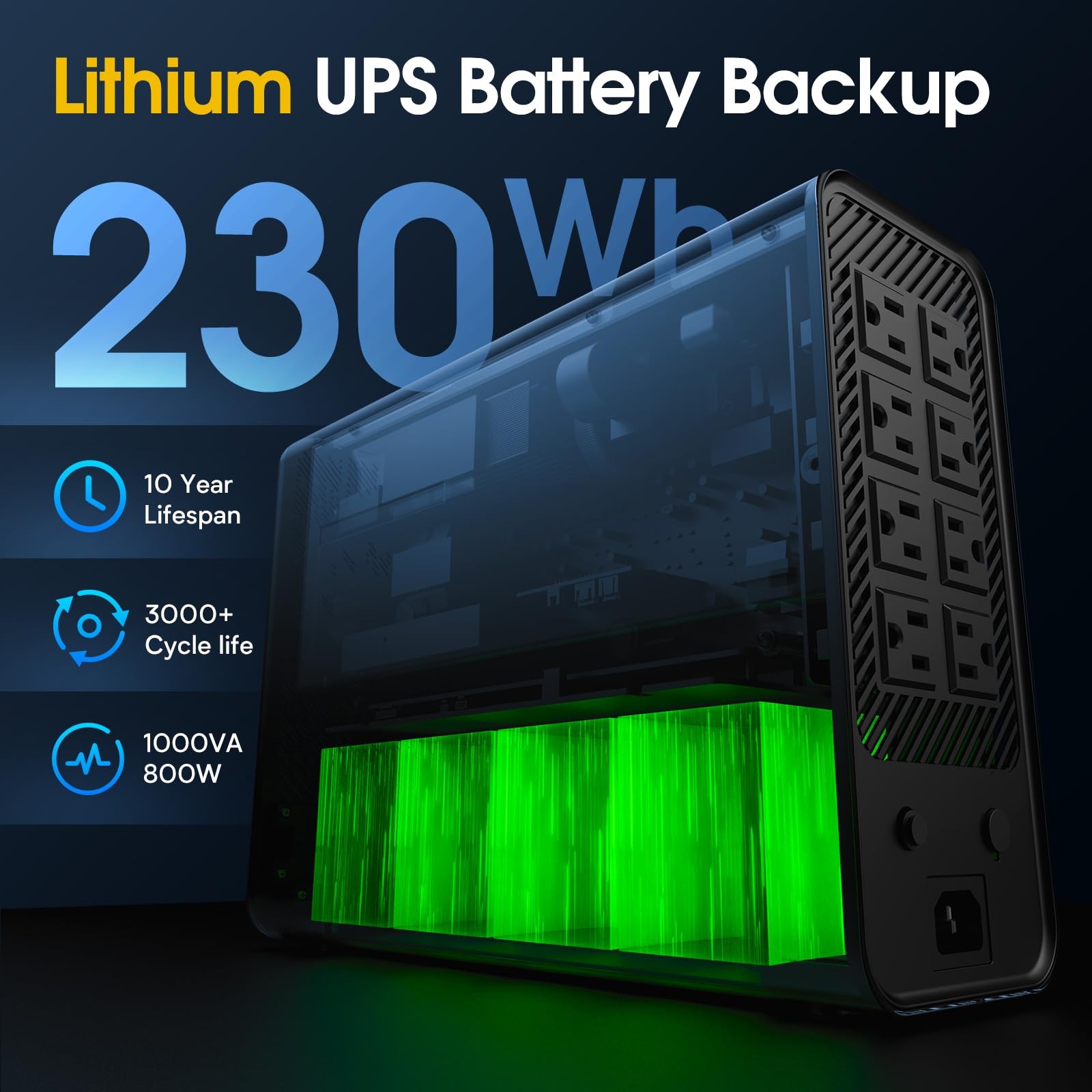 Goldenmate 1000VA 800W LiFePO4 UPS Battery Backup, LCD, High Efficiency