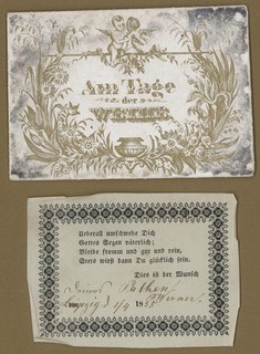 Christening letter godfather letter dated 1855 (Leipzig) Biedermeier angel and vase