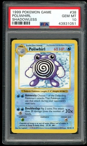 1999 POKEMON GAME BASE SET POLIWHIRL SHADOWLESS #38 PSA 10