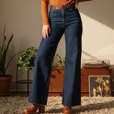 Vtg 70s Brittania Bell Bottom Jeans Flare 38 Long Dark Denim High Waist Retro