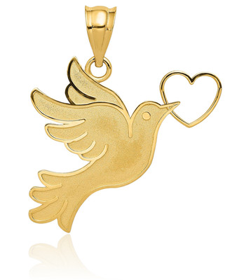 14K massives Gelbgold große Taube Herz Anhänger Halskette 26mm 1 Zoll poliert,