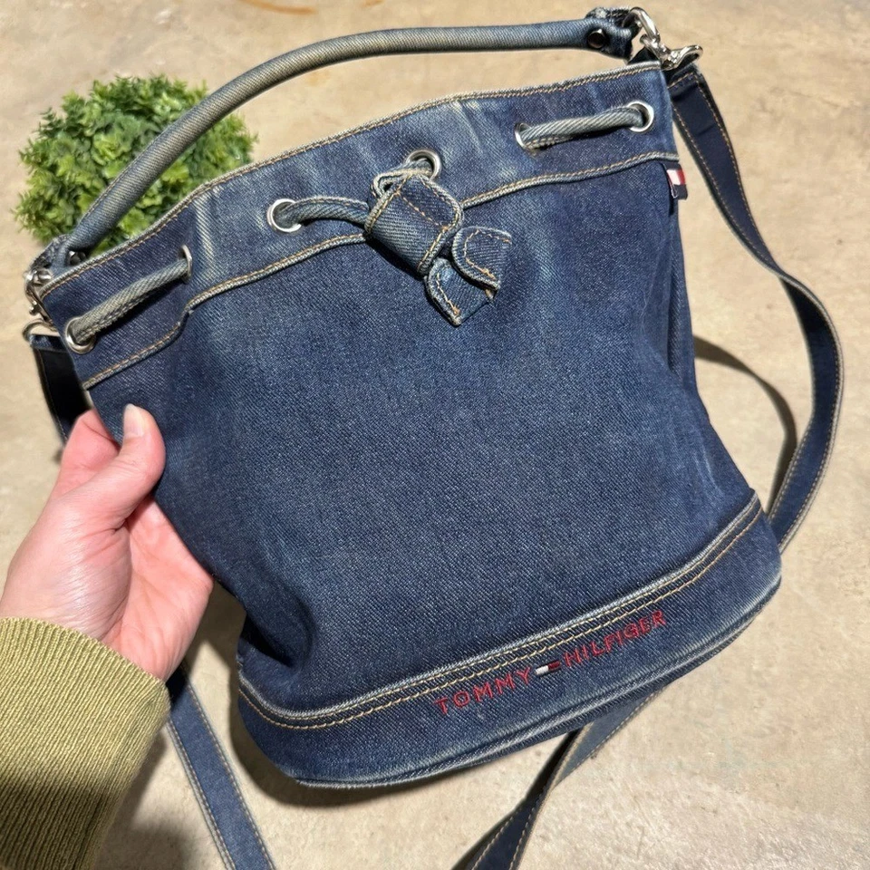 Tommy Hilfiger Denim Jean Drawstring Bucket Bag Purse Y2K 90s Vtg Preppy Neutral - Image 2 of 4