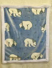 Handmade Baby Plush Blanket Blue with White Polar Bear White Sherpa Back 26x31