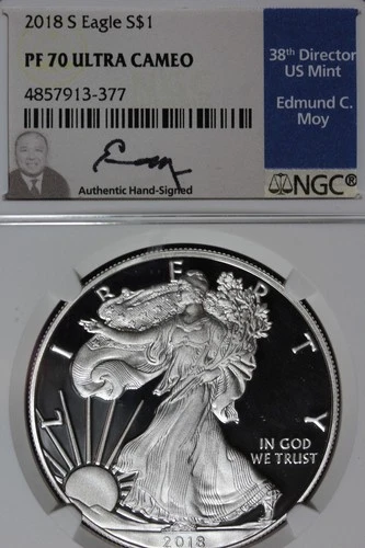 2018 S NGC PF70 ULTRA CAMEO AMERICAN SILVER EAGLE EDMUND C MOY #B51987