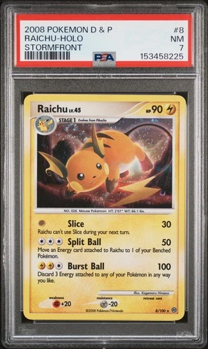 2008 POKEMON DIAMOND & PEARL STORMFRONT #8 RAICHU-HOLO PSA 7