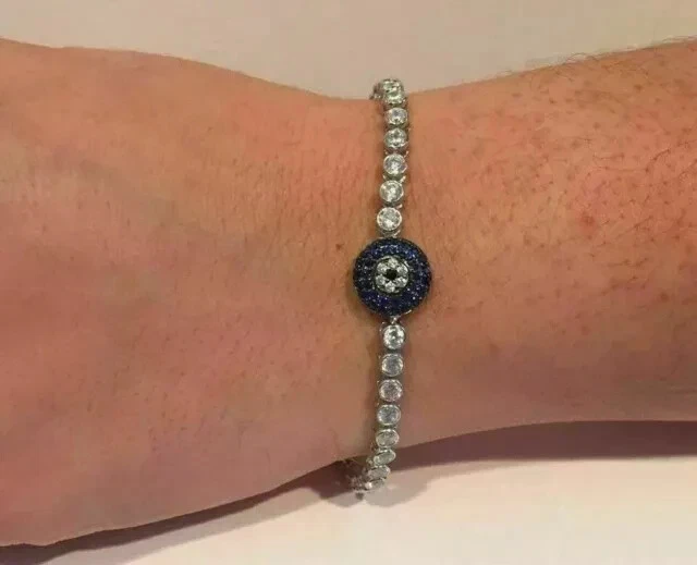Brazalete Tenis Mal de Ojo Zafiro Azul Simulado Redondo Chapado en Oro Blanco 14K Foto 4 de 4