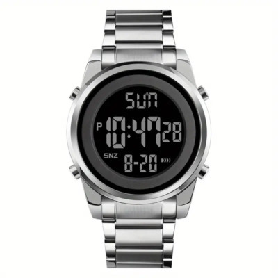 Men's Multifunctional Digital LED Night Light Timing Alarm Fashion Watch Silvery