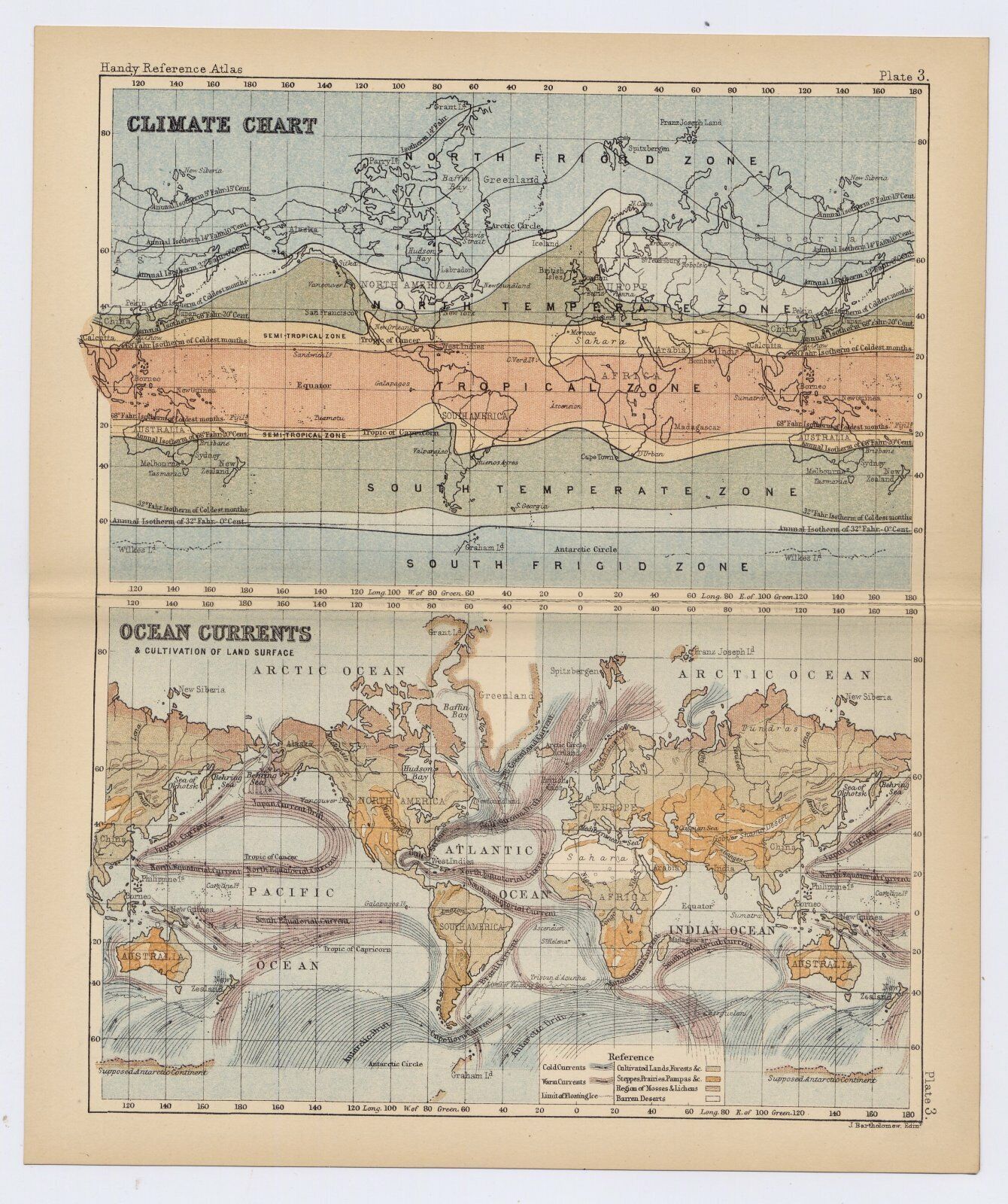 1888 ORIGINAL ANTIQUE MAP OF WORLD OCEAN CURRENT / CLIMATE METEOROLOGY