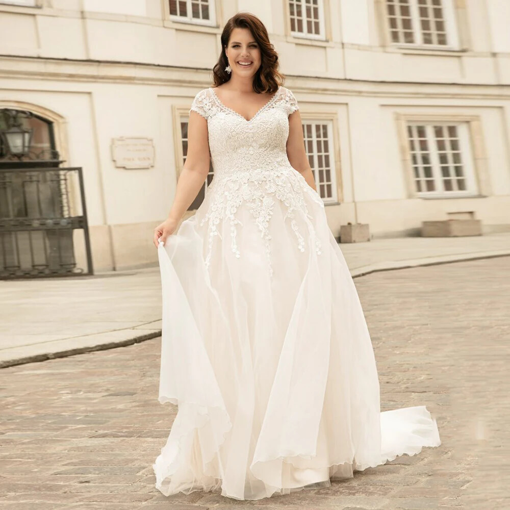 plus size lace wedding dresses with cap sleeves Plus Size A-Line Wedding Dresses V-Neck Cap Sleeves Lace Appliques Bridal Gowns