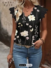 Shein Blouse. Multicolor Floral Crochet Lace Sleeve Scalloped Edge. Size Medium