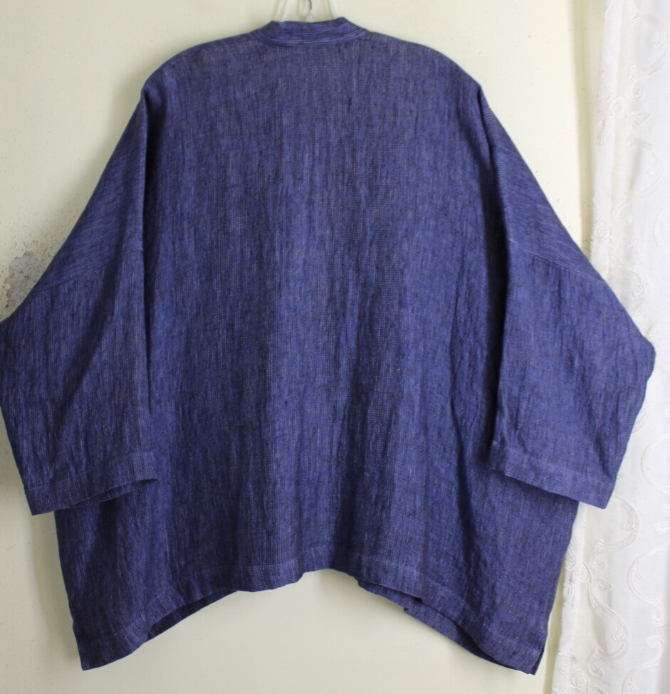 NEW Eskandar O/S INDIGO Denim Crinkle Basketweave Gauze Linen Kimono Jacket image 5