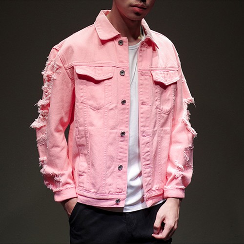 Hot Men Distressed Ripped Denim Jacket 