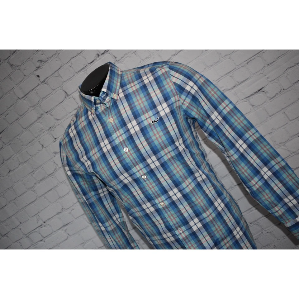 Vineyard Vines Dress Shirt Whale Mens Size Medium Slim Fit Blue Plaids - Image 3 of 4