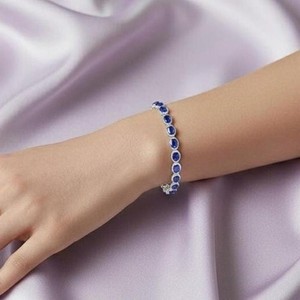 Authentic Oval Sapphire Halo Accent 14K Gold Plated Tennis Bracelet For Women's 925 Silver