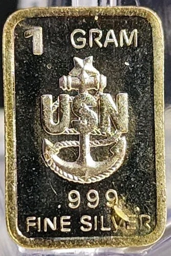 1 Gram .999 Fine Silver Art Bar Ingot. U.S. Navy. Fun  Unique Way To Invest.