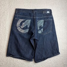 Y2K Ecko Unltd Mens Denim Shorts Size 34 Dark Wash Embroidered Rhino Logo baggy