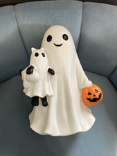 VIRAL Halloween Decor - Resin Ghost Holding Black Cat Jack O Lantern Pumpkin