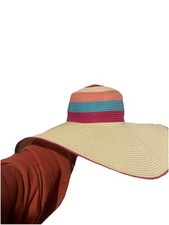 Big Floppy WIDE BRIM STRAW HAT W/ COLOR STRIPES - Beach Vacation