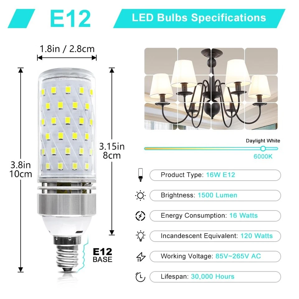 Super Bright E12 LED Corn Bulbs, 16W 1500LM Bulbs, Daylight White 6000K Light... - Image 2 of 4