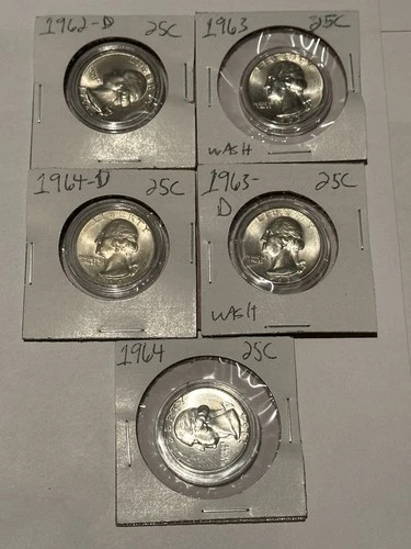 LOT OF (5) 1962-D, 1963, 1963-D, 1964, 1964-D, Washington Quarter UNC/BU Silver
