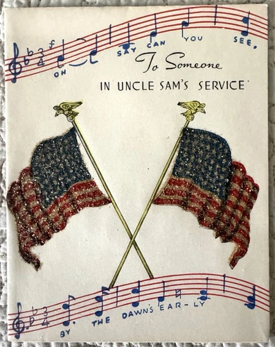 Unused WWII WW2 Patriotic Military Flag Soldier Glitter Vtg Greeting Card 1940s
