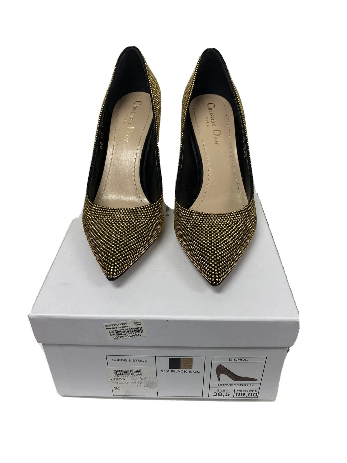 CHRISTIAN DIOR Studded Calfskin Pumps 38.5 Black Gold